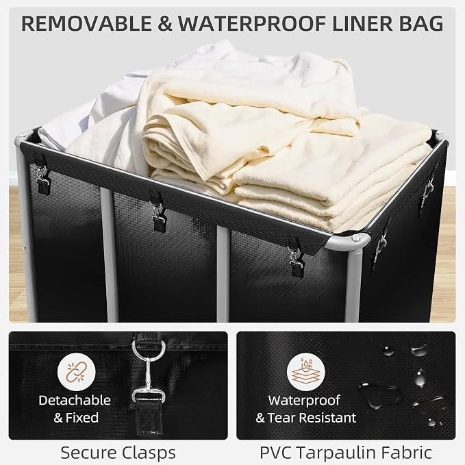 STORAGE MANIAC Commercial Laundry Cart with Wheels 420L Sturdy Steel Frame Heavy Duty Rolling Laundry Hamper on Wheels Big Laundry Basket with Removable Waterproof Liner Bag, 400 lbs Load, Black - Image 6