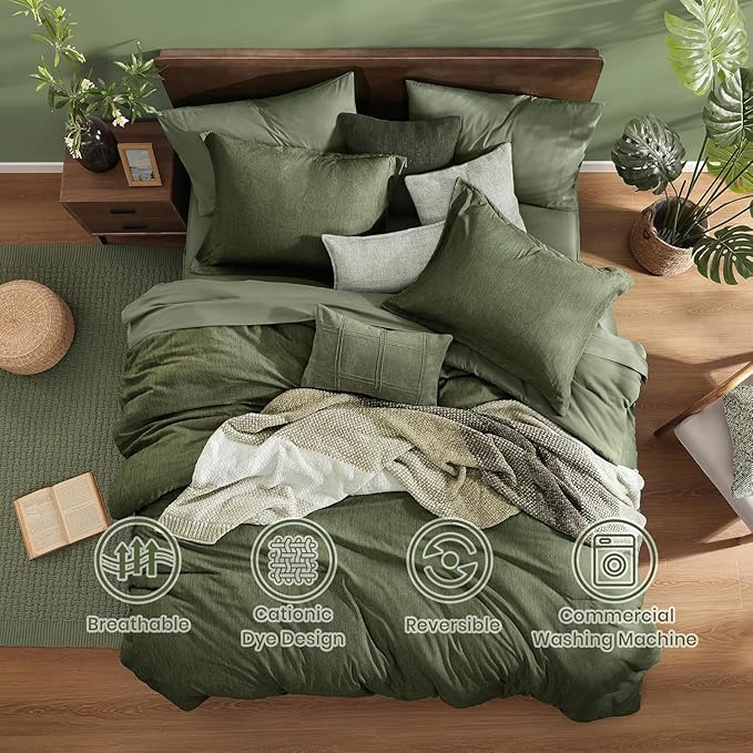 Monbix California King Comforter Set - 7 Pieces Cationic Dyeing Olive Green Bed in a Bag Cal King Bedding Sets with Comforter, Sheets, Pillowcases & Shams, Reversible Bedding Comforters Sets