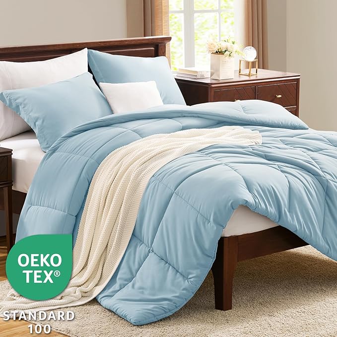 CozyLux King Size Comforter Set - Light Blue Comforter King Size, 3 Pieces Box Stitched Bed Set for All Seasons, Soft Lightweight Bedding Sets with 1 Down Alternative Comforter and 2 Pillow Shams