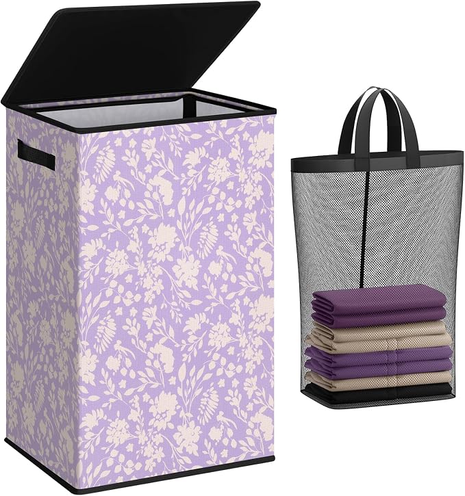 SOLEDI Laundry Hamper with Lid, 90L Tall & Large Floral Laundry Basket, Collapsible Clothes Hamper with Removable Bag, Dirty Hampers for Bedroom, Bathroom, Laundry Room by SOLEDI