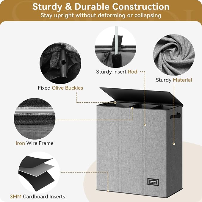 SOLEDI 160L Laundry Hamper 3 Section, Extra Large Laundry Hamper with Lid, Dirty Clothes Hamper with Sturdy Handle, Large Laundry Basket Organizer for Laundry Room, Bedroom, Hampers for Laundry - Image 5