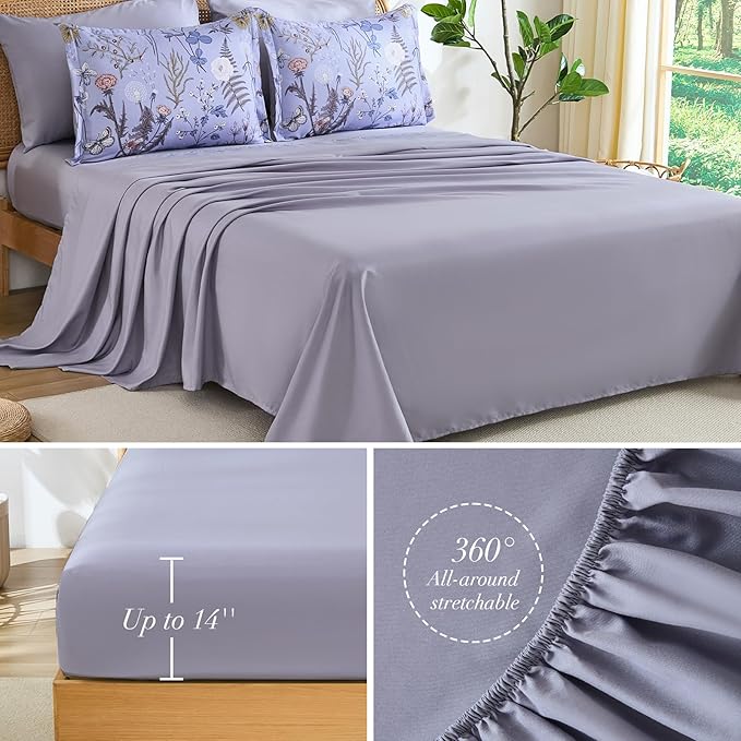 Yiran Queen Comforter Set 7 Piece, Purple Floral Bedding Set, Bed in a Bag Queen Size with Botanical Flowers Spring, Soft Lightweight Lavender Comforters with Sheets Complete for All Season