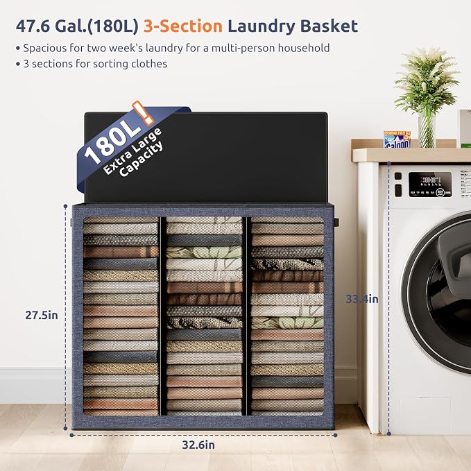 SOLEDI 180L 3-Section Laundry Hamper with Lid, Extra Large Dirty Clothes Basket with Sturdy Handles for Laundry Room & Bedroom - Durable Organizer for Sorting Laundry - Image 2