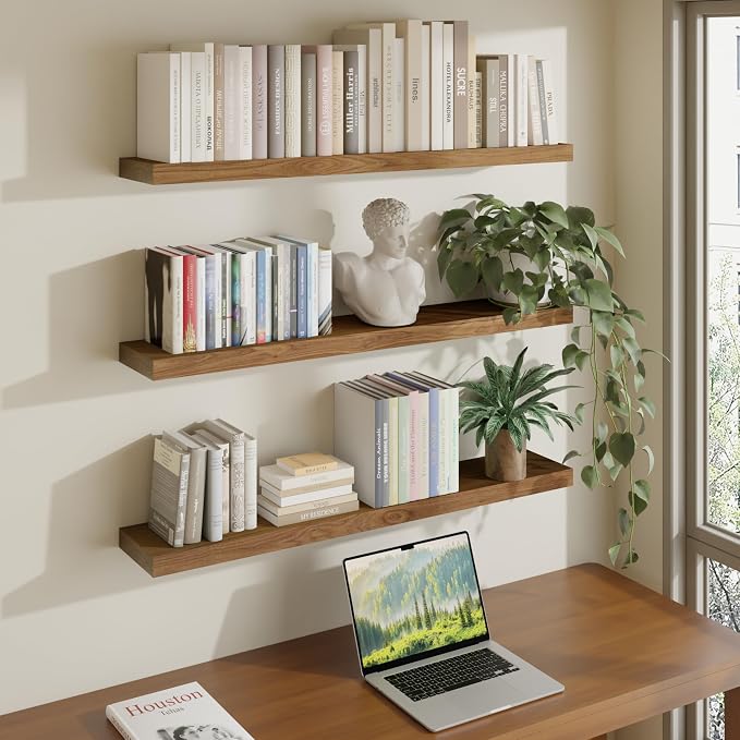 ROGMARS 36 Inches Long Walnut Floating Shelves,Rustic Solid Wood Farmhouse Wall Shelves with Invisible Brackets for Bathroom, Living Room, Bedroom, Kitchen Set of 3 by 100RealSolidWood