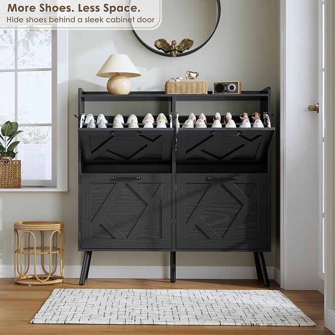 Nicetree Shoe Cabinet with 4 Flip Drawers, Hidden Shoe Rack Cabinet with Metal Legs, Farmhouse Narrow Shoe Storage Cabinet for Entryway, Foyer, Hallway, Black with Hook - Image 4
