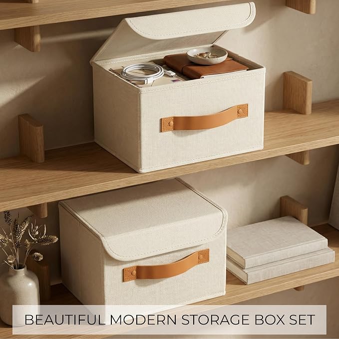 Decorative Linen Storage Boxes with Lids - Spacious Set of 2 Organizer Bins for Your Home Decor - The Perfect Small Container to Safely Store Photos, Documents and Memory Box Keepsakes in Style - Image 3
