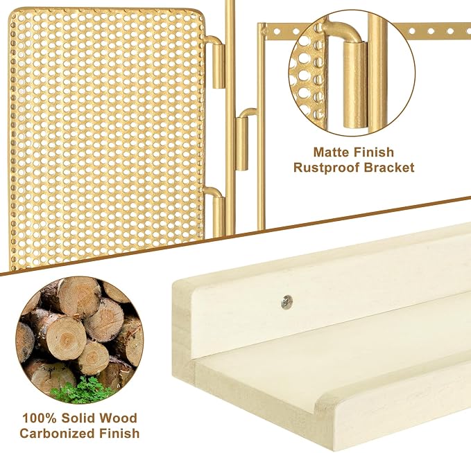 SOLIMINTR Hanging Jewelry Organizer Wall Mount with Rustic Wood Shelf, Ring Display Box, Ear Studs Earring Holder, Rotating Necklace Holder Organizer Gold - Image 4
