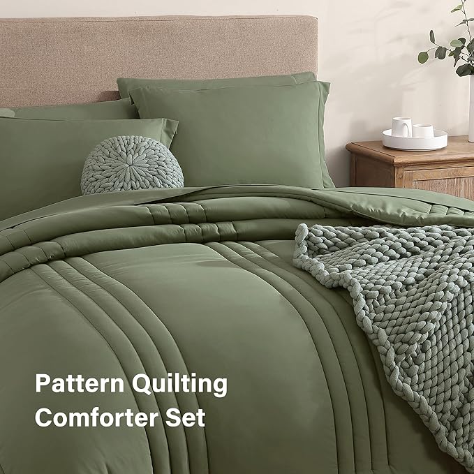 Monbix Queen Comforter Set - 7 Pieces Light Sage Green Bed in a Bag Queen Bedding Sets with Comforters, All Seasons Comforter Bed Set with Sheets, Pillowcases & Shams