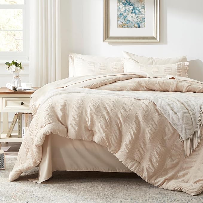 Zzlpp King Comforter Set 7 Pieces, Beige Seersucker Bed in a Bag with Comforter and Sheets, All Season Bedding Sets with 1 Comforter, 2 Pillow Shams, 2 Pillowcases, 1 Flat Sheet