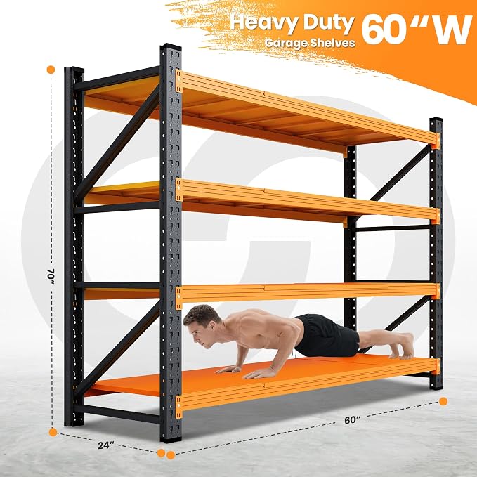 60" Wide Garage Shelving Heavy Duty, 24" Deep Large Storage Shelves, 4 Tier Tall Steel Industrial Shelving, 5000 LBS Adjustable Standing Shelf for Warehouse/Shop 60" W x 24" D x 70" H - Image 2