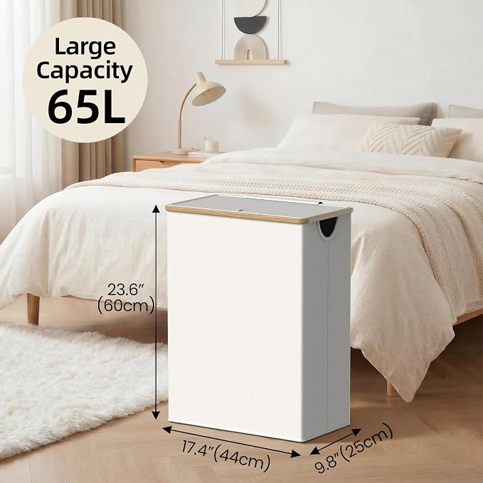 efluky Slim Laundry Basket with Lid, Narrow Laundry Hamper with Removable Bag, Skinny Dirty Clothes Basket with Bamboo Handles for Bathroom, Bedroom & Laundry Room, 65L Beige - Image 3
