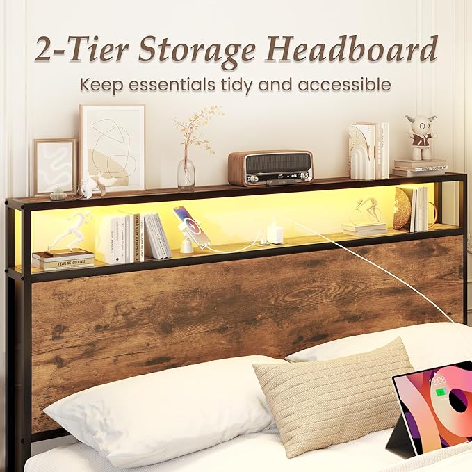Lifezone Full Bed Frame with 2-Tier Storage Headboard, Metal Bed Frame with Storage Drawers & Built-in Charging Station & LED, Noise-Free, No Box Spring Needed, Easy Assembly, Retro Brown