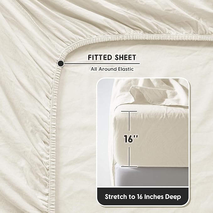 SONORO KATE 100% French Pure Linen Sheets, Breathable and Durable Line Twin Size Sheets, Anti-Tear Line Bed Sheets, Machine Washable, 16 Inch Deep Pocket - 3 Piece (Cream, Twin)