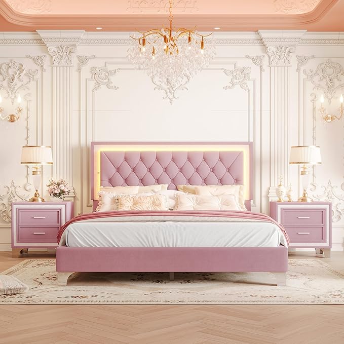 Harper & Bright Designs 3-Piece Queen Bedroom Set, Upholstered Platform Bed with LED Lights and 2 Nightstands, Modern Pink Bedroom Furniture