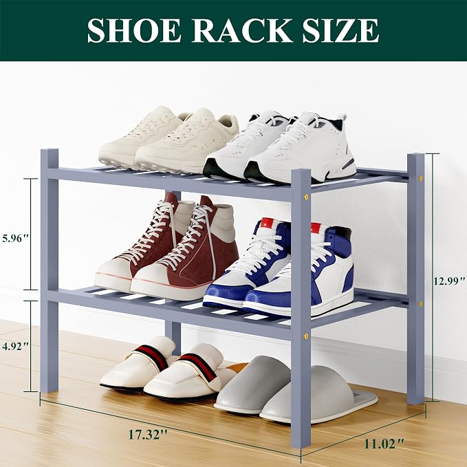 Smiry Shoe Rack, 2 Tier Small Bamboo Shoe Organizer, Stackable Free Standing Wooden Shoe Storage Shelf for Closet, Entryway, Front Door Entrance, Grey - Image 2