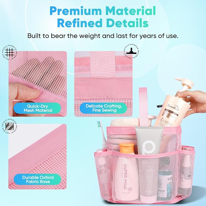 EUDELE 2 Pack Mesh Shower Caddy Portable for College Dorm Room Essentials, Shower Caddy Dorm with 8-Pocket Large Capacity,Shower Bag for Beach,Swimming,Gym All Black+All Pink - Image 3