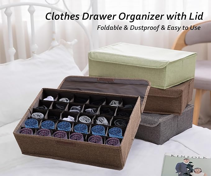 AARAINBOW 2 Packs Underwear Socks Ties Storage Organizer with Lids Foldable Closet Drawer Organizer 60 Cells, Fabric Wardrobe Divider Storage Boxes for Scarves and Lingerie (30 Cell, 2 Coffee) - Image 3