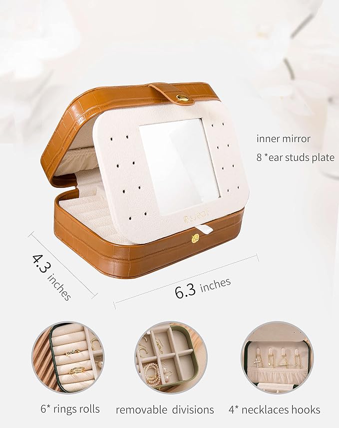 S.Leaf Travel Jewelry Organizer Boxes for Women Small Portable Necklace Earrings Bracelet Rings Travel Case Best Friend Birthday Gifts for Women Trendy (16_Crocodile_Brown_Big) - Image 4