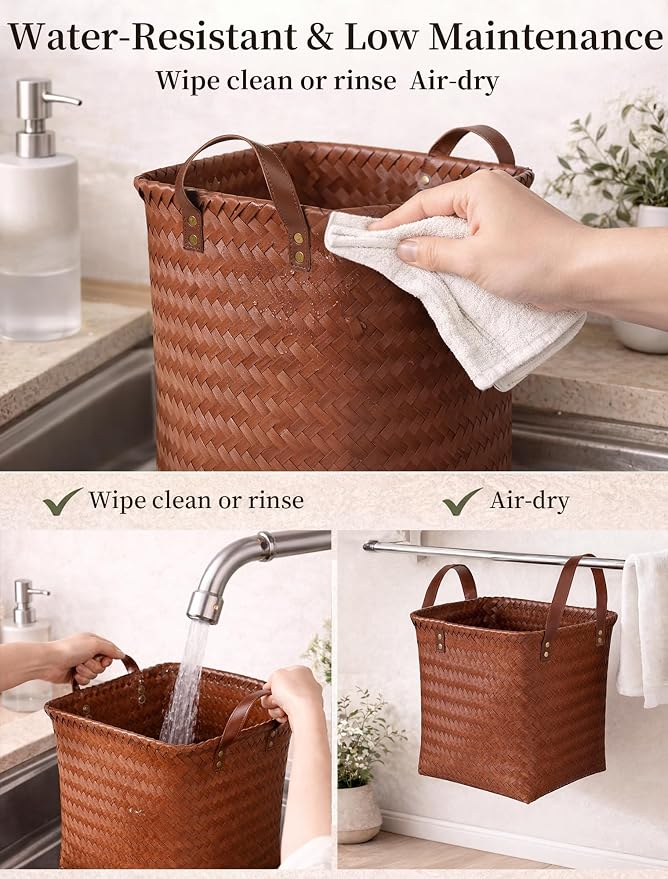 Hand Woven Baskets for Storage, 4Pcs Water-Resistant Wicker Baskets, Brown Wicker Storage Baskets for Shelves, Large Basket with Handle for Organizing, Clothes, Laundry, Blanket - Square - Image 7