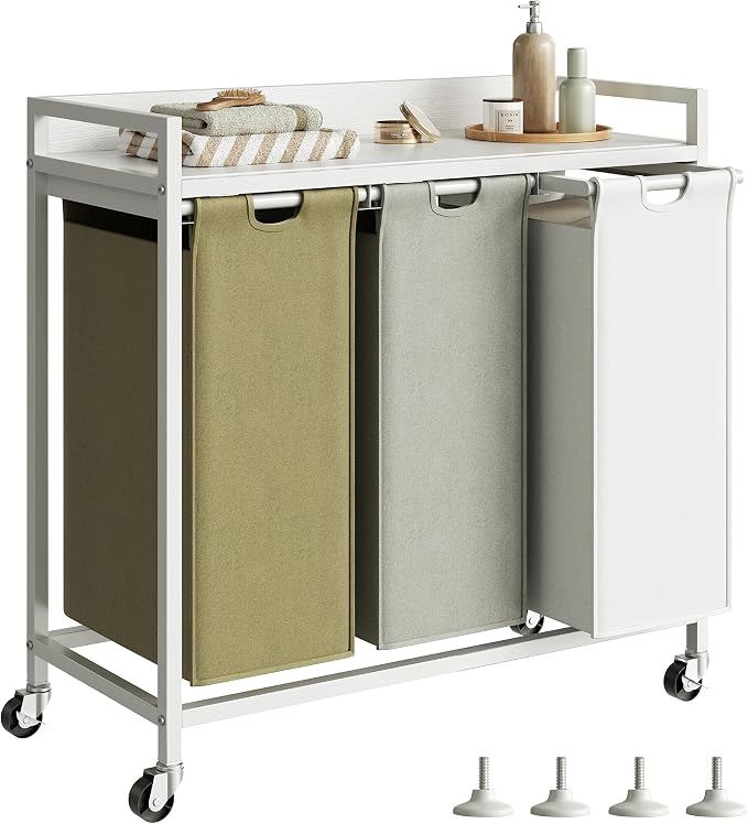 Herture Laundry Hampers with Shelf, Laundry Basket 3 Section, Laundry Sorter with Pull-Out Removable Large 3 Color Bags and Movable Wheels, Metal Frame, 3 x 15.87 Gallons (60L), White PF04XLE by Herture