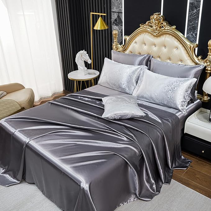 Grey King Comforter Set Jacquard Bedding Set 8 Pcs Satin Sheet Set Vintage Neoclassical Floral Elegant Bed Home Decor Soft Down Comforter Luxury Hotel Silky Bed in a Bag with 1 Cushion Cover