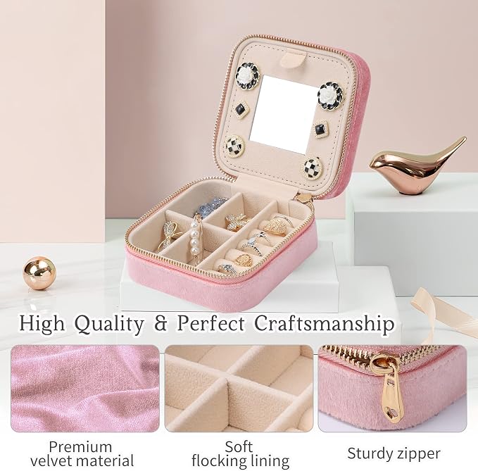 Dajasan Velvet Travel Jewelry Box, Mini Travel Jewelry Case, Small Portable Travel Jewelry Organizer Box with Mirror for Earrings Bracelets Rings Necklace (Pink) - Image 5