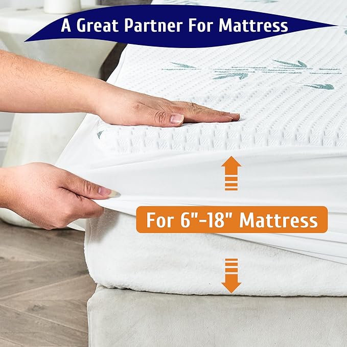 Queen Size Mattress Protector, Breathable Bamboo Viscose Waterproof Mattress Pad Cover, Cooling Stripe Style, 6-18 inches Deep Pocket
