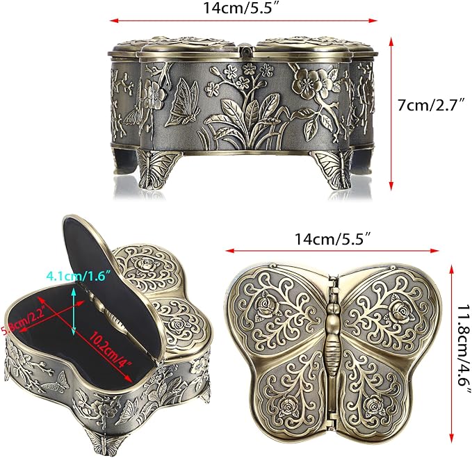 Hipiwe Antique Metal Jewelry Box Butterfly Shape Jewelry Storage Organizer Vintage Trinket Box Treasure Chest for Ring Earrings Necklace Decorative Keepsakes Box, Bronze, Large - Image 7