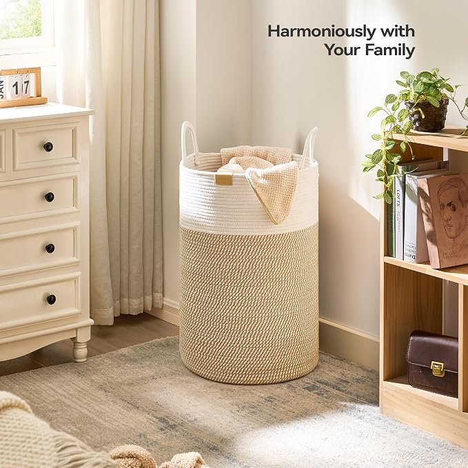 Nunsino Laundry Hamper 75L,Large Laundry Basket for Clothes,Decorative Storage Basket for Blankets,Cotton Rope Woven basket for bedroom,Brown White - Image 2