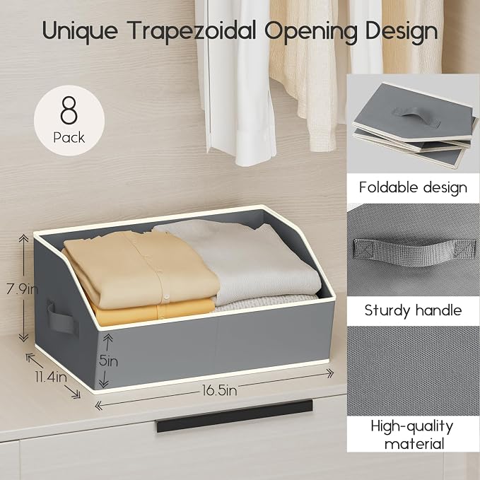 Homsorout Large Closet Organizers and Storage Bins - 8 Pack Trapezoid Storage Baskets for Shelves, Foldable Fabric Baskets with Handles Ideal for Closet, Basket, Wardrobe and Shelf Storage, Grey - Image 2