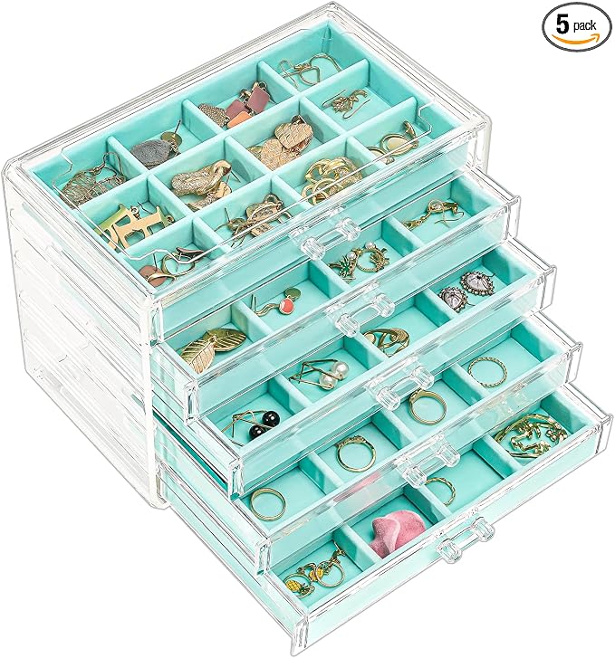 ProCase Earring Holder Organizer Jewelry Box with 5 Drawers, Acrylic Clear Earring Case with Adjustable Velvet Trays for Women - Aqua, 5 Layers by ProCase