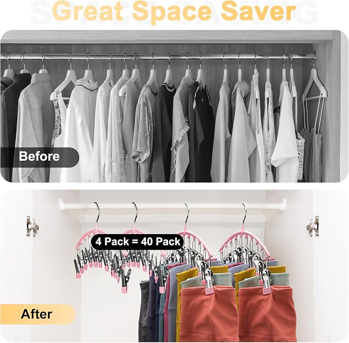 Legging Organizer for Closet, Metal Yoga Pants Hangers 4 Pack w/10 Clips Holds 40 Leggings, Space Saving Hanging Closet Organizer w/Rubber Coated Closet Organizers and Storage, Pink - Image 2