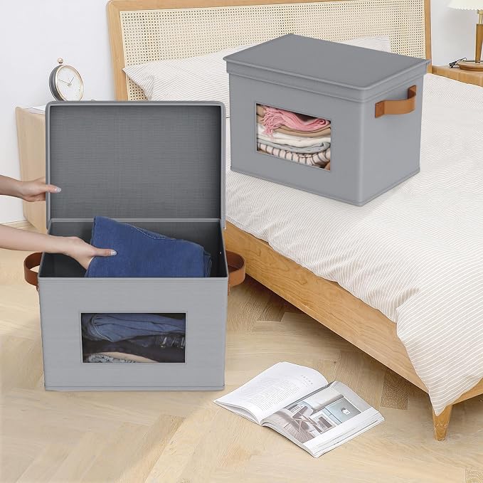 Univivi Storage Bins with Lids Collapsible Foldable Closet Storage Boxes for Clothes [3-Pack] Containers boxes with Handles Closet Storage for Home, Office, Bedroom (Grey,17" x 12"x 12") - Image 4