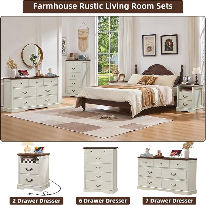 Farmhouse Dressers & Night Stand Set of 3,54" Wide 7 Drawer Dresser & 45" Tall Chest of Drawers, 18" Wide 2 Drawers End Table with Charging Station,Furniture Dresser Sets for Home,White