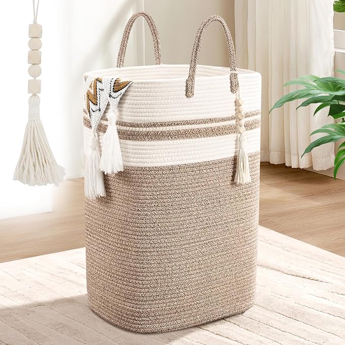 Woven Laundry Basket for Clothes, 80 L Large Rectangle Laundry Hampers with Beads Tassel, Nursery Storage Basket for Toys, Tall Dirty Clothes Hamper for Bedroom Aesthetic, Laundry Room Organization by WENMER