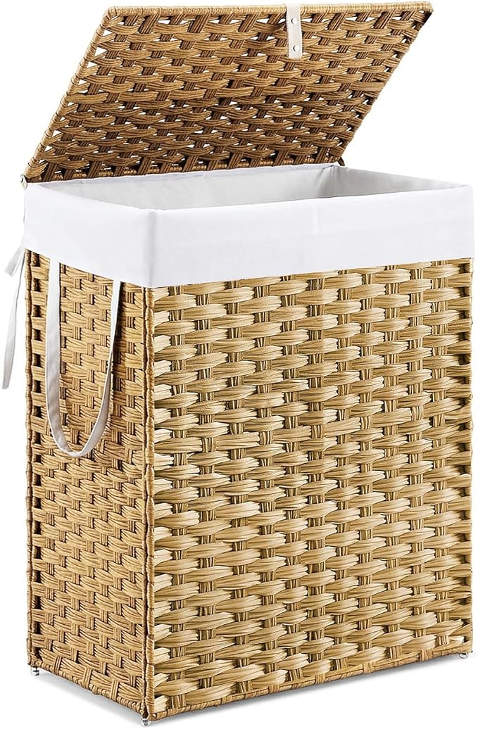 DUMOS Woven Laundry Basket with Lid, 90L Large Capacity Hamper, Removable & Machine-Washable Liner, Foldable Rattan Clothes Hamper, Sturdy Steel Frame, Odor Control, Goose Yellow by DumosLifestyle