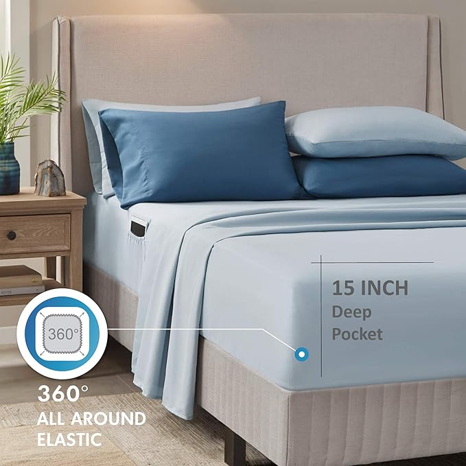 Comfort Spaces Bed in A Bag - Trendy Casual Design Cozy Comforter with Complete Sheet Set with Side Pocket, All Season Cover, Matching Shams, Queen(90"x90"), Gloria, Damask Blue 9 Piece