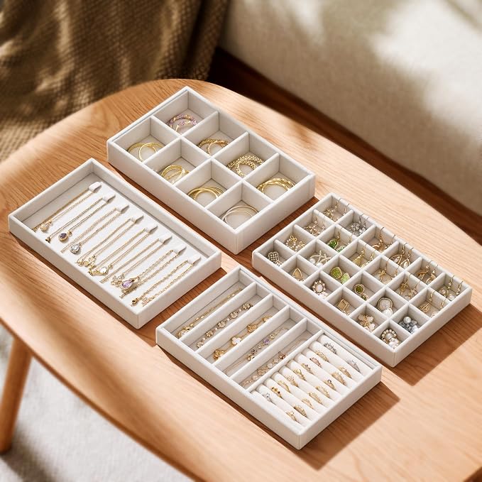 Velvet Jewelry Drawer Organizer Trays – 4-Layer Stackable Jewelry Storage Inserts Set, Beige Jewelry Tray Set for Earrings, Rings, Necklaces, Bracelets with Removable Dividers for Dresser & Vanity - Image 3