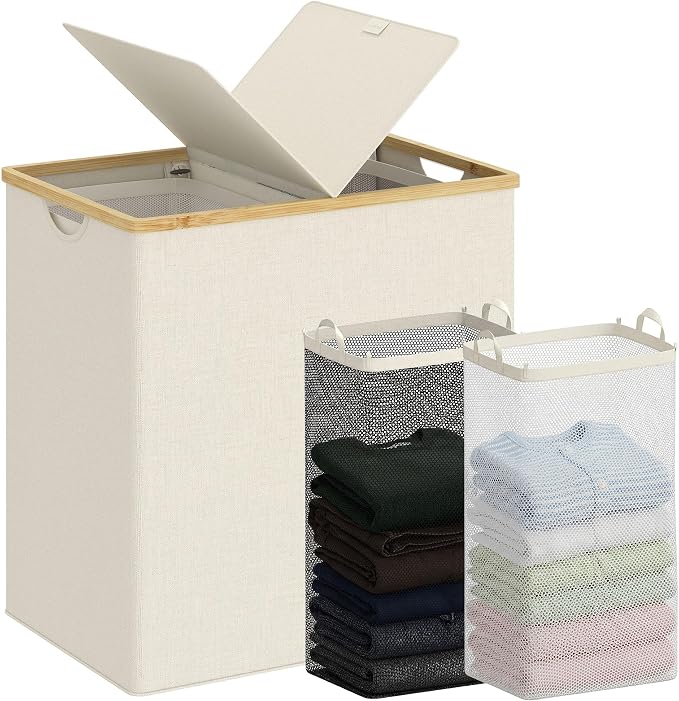 efluky Laundry Hamper with Lid, Double Laundry Hamper with 2 Removable Bags, 2 Section Laundry Basket with Bamboo Handles for Bathroom, Bedroom & Laundry Room, 140L (36.9 Gallon) Beige by efluky