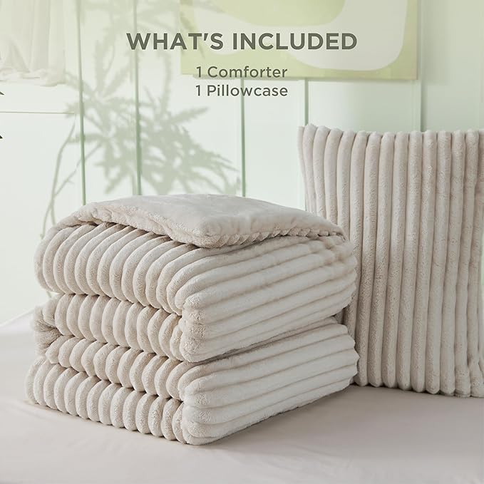 Bedsure Twin/Twin XL Size Comforter - GentleSoft™ 2 Pieces Double-Side Fleece Fluffy Linen Comforter Set, Cozy Striped Room Decor Aesthetic Luxury Twin Bedding Sets, 1 Pillowcase, 68x88 Inches