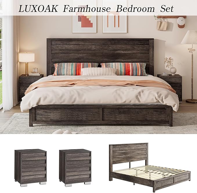 LUXOAK 3 Pcs Bedroom Furniture Sets,Includes Farmhouse King Size Bed Frame with 49" Tall Headboard and Nightstand Sets of 2 with Charging Station, Slated Handles & Stainless Steel Feet, Rustic Grey