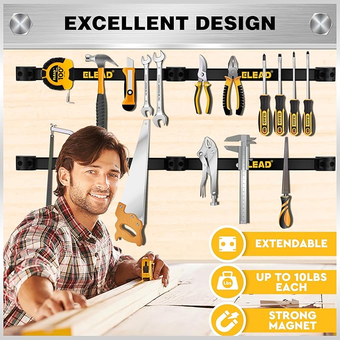 ELEAD 9-Piece 12" Magnetic Tool Holder Storage Organizer - Wall Mount Rack Garage Organization Power Magnet Hanger Workbench Board Slatwall Van Organizers Mounted Hanging Strip - Image 6