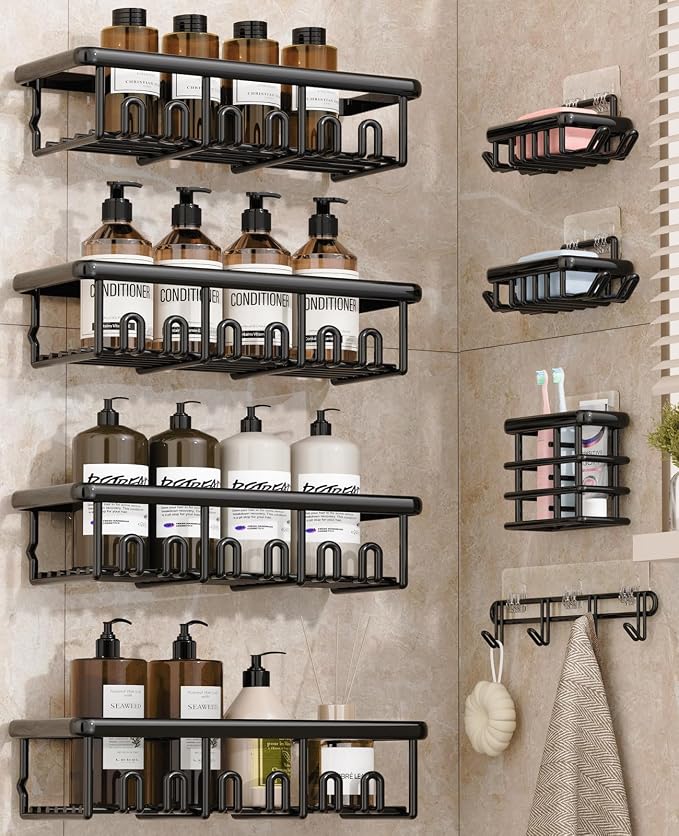 8 Pack Adhesive Rustproof Shower Shelves with Soap Dishes, Toothbrush Holder & Hooks, Large Capacity No-Drilling Shower Shelves Rack for Bathroom Organizers and Storage Accessories, Black by Unknown