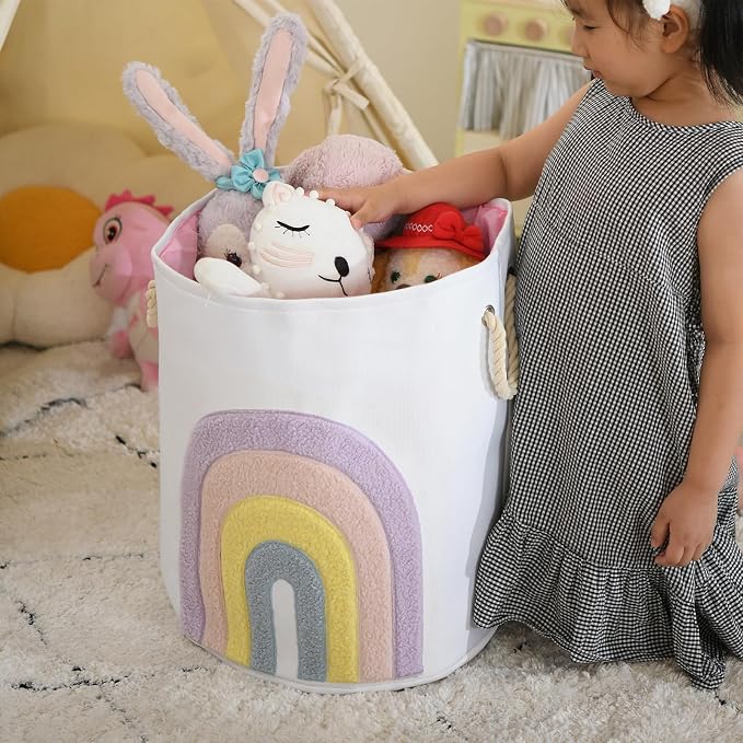 INough Pink Baby Hamper, XL Canvas 58L Laundry Basket with Drawstring Closure, Boho Rainbow Decor - Image 6