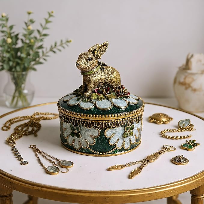 Handcrafted Rabbit Jewelry Box, Antique Gold Finish with Enamel Accents, Vintage Trinket Box for Rings and Small Keepsakes, Decorative Bunny Figurine Ornament - Image 3
