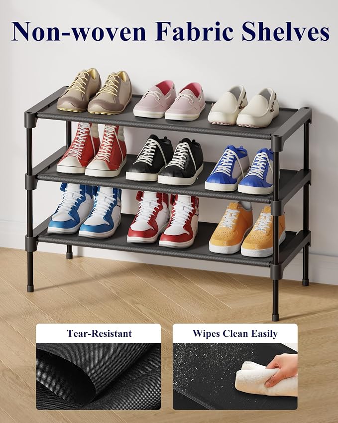Kitsure Shoe Rack - Non-Woven Shoe Rack Shelf, Shoe Organizer for Closet, Entryway, Garage & Corridor, Stackable Shoe Shelves, 27.5" Wide - 3 Tier, Black - Image 6