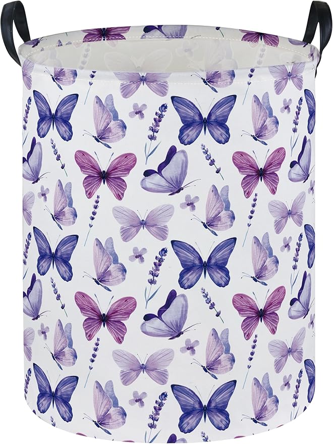 Butterfly Laundry Basket Kids Hamper for Nursery Boy and Girl Hamper Cute Kids Toys Storage Bin Organizer Room Decor for Home(Purple Butterfly) by DDBASKET