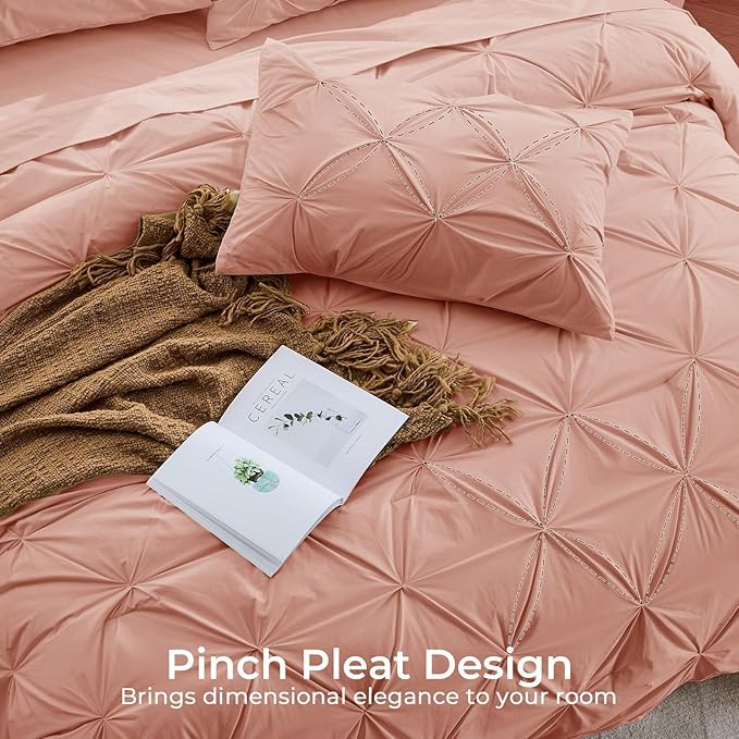 Sasttie King Size Comforter Set, 7-Piece Bed in a Bag, Pintuck Bedding Set for All Season, Includes Comforter, Flat Sheet, Fitted Sheet, Pillowcases and Pillowshams, Blush