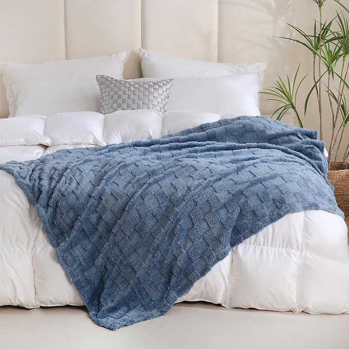 Dusty Blue Fleece Throw Blanket 108”×90” for Couch Sofa Bed,Super Soft Cozy Plush Microfiber Flannel Blanket with 3D Checkered Design Lightweight for Adults,Woman,Girls