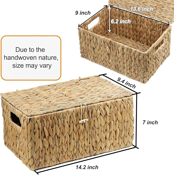 ORDELITE Large Wicker Basket with Lid, Rectangular Water Hyacinth Storage Baskets for Organizing, Woven Basket for Storage, Decorative Boxes Bins with Lids Home Organizer Decor - Image 2